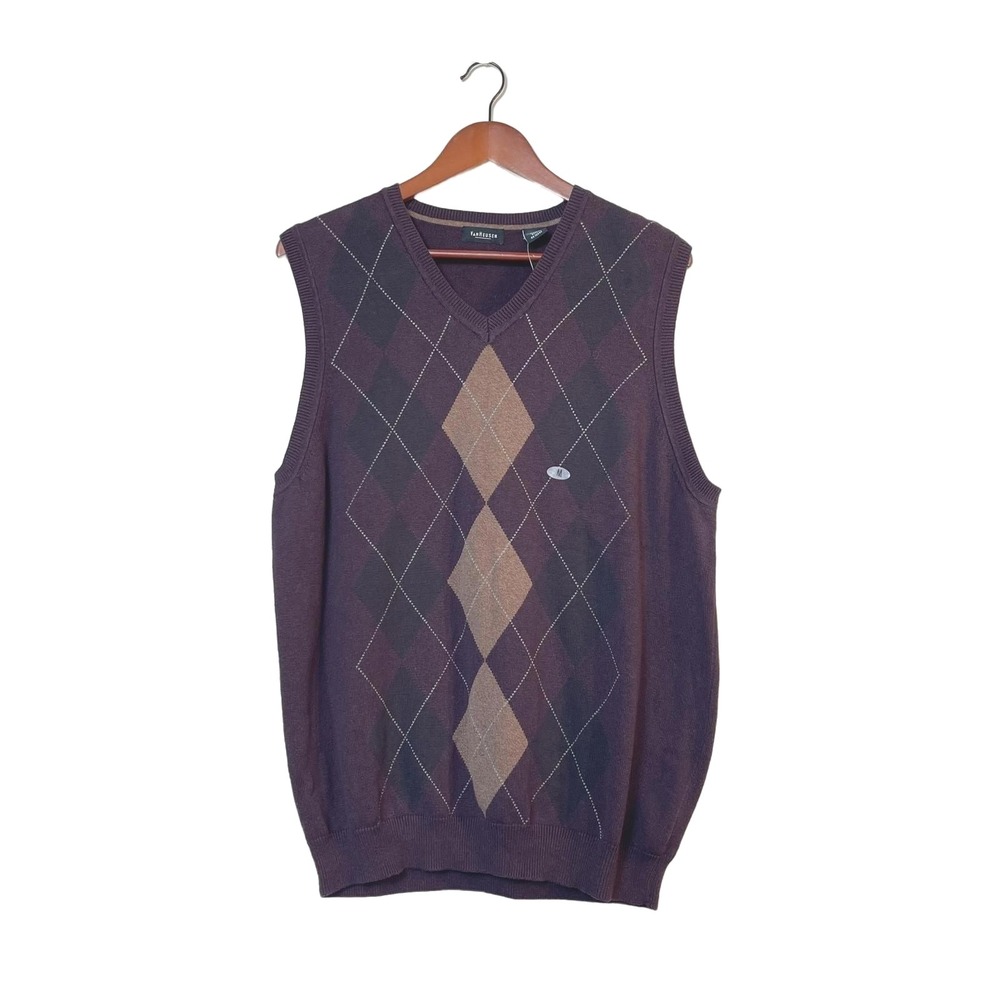 Burgundy Argyle Sweater Vest Mens Medium V Neck Pullover Top Academia Preppy